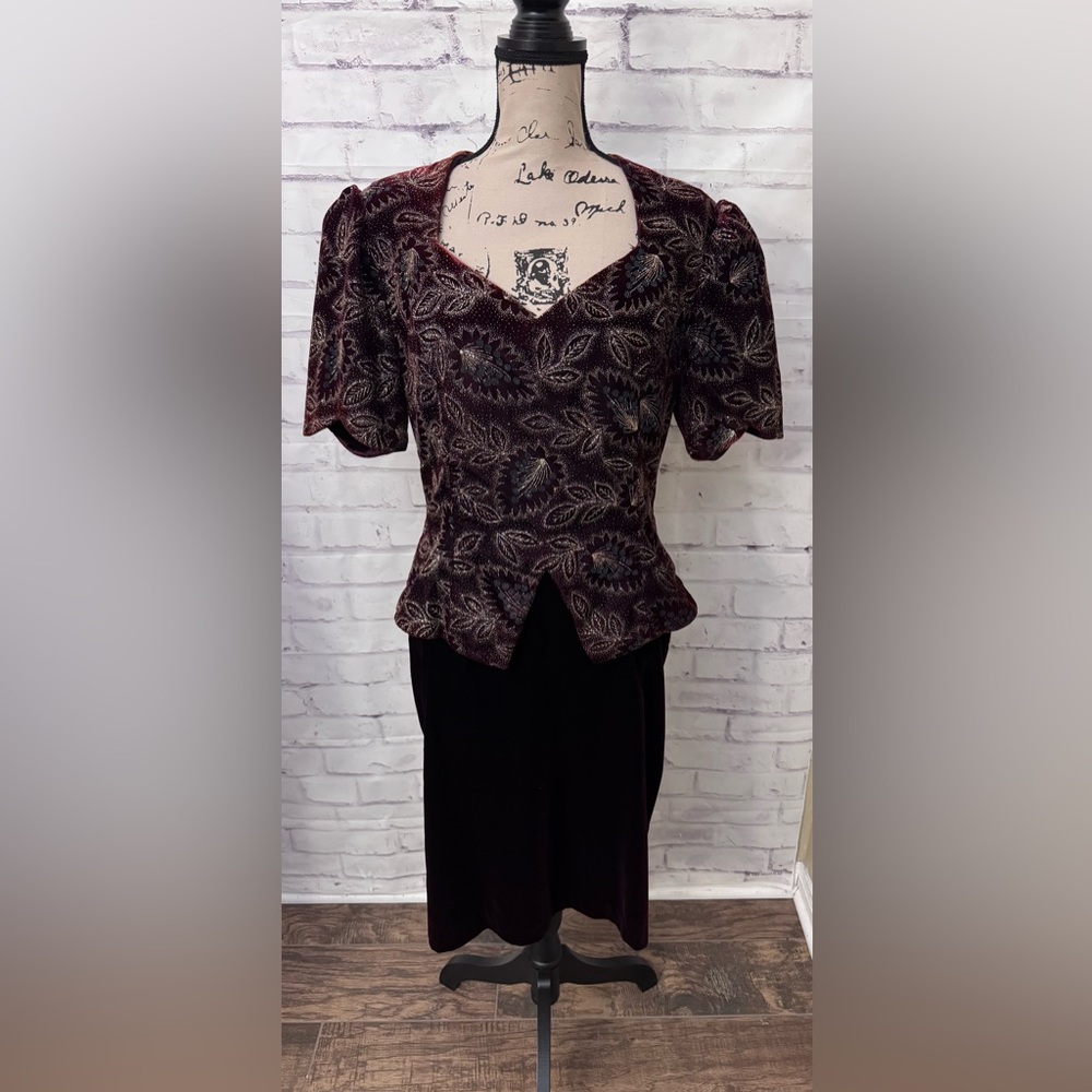 Scott McClintock‎ 14 Velvet Party Midi Dress Cocktail Formal Maroon Gold Bling
